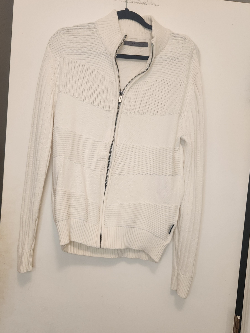 Sean John Cream Full-Zip Ribbed Knit Sweater M